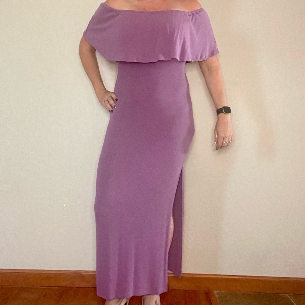 Purple Off Shoulder Dress w/ Side Slit